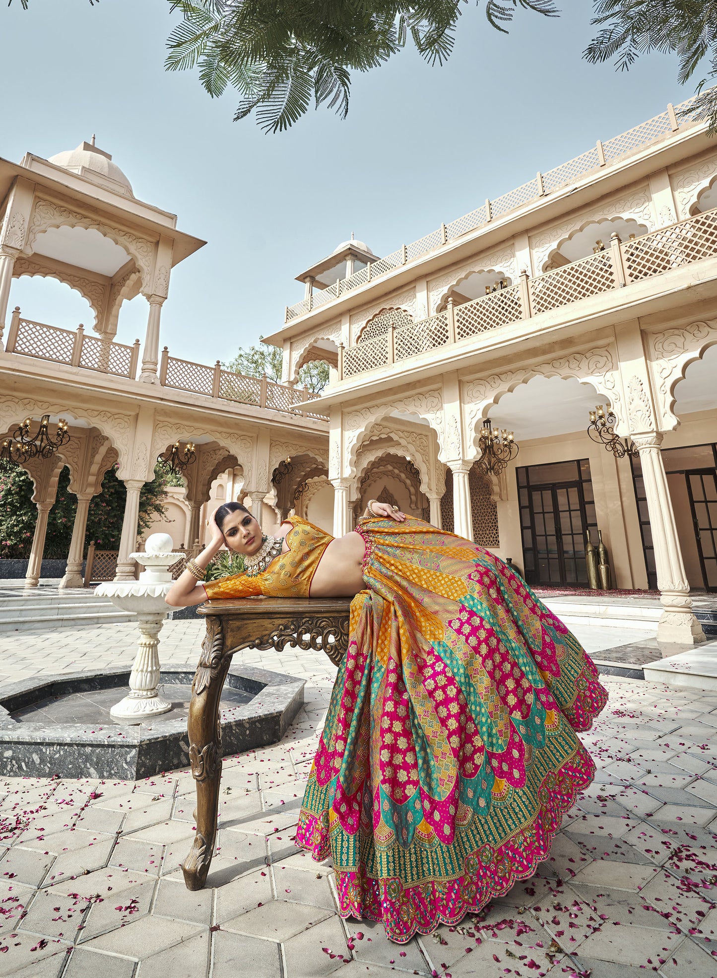 Yellow & Pink Silk Zarkan & Cutwork Embroidery Banarasi Bridal Lehenga