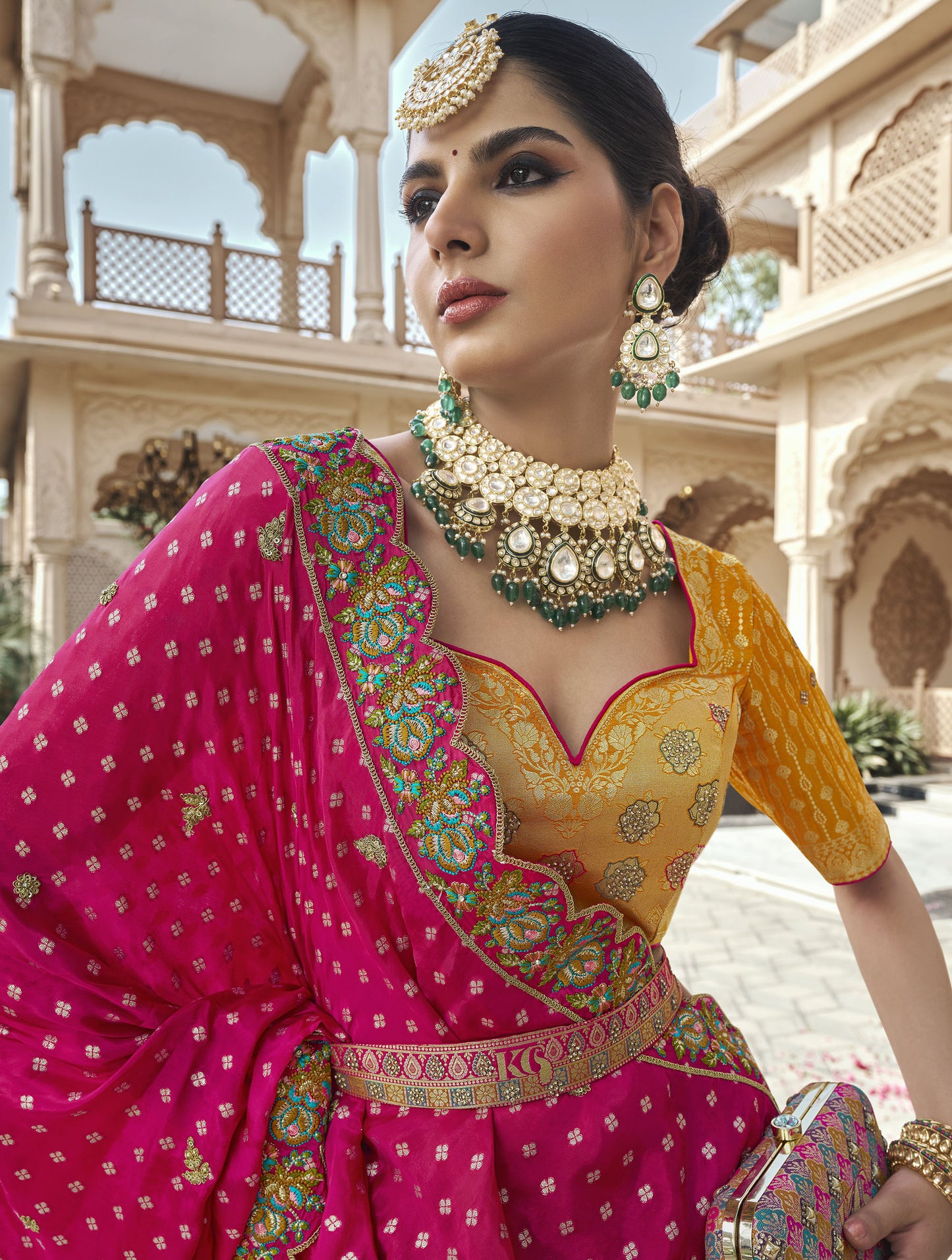Yellow & Pink Silk Zarkan & Cutwork Embroidery Banarasi Bridal Lehenga