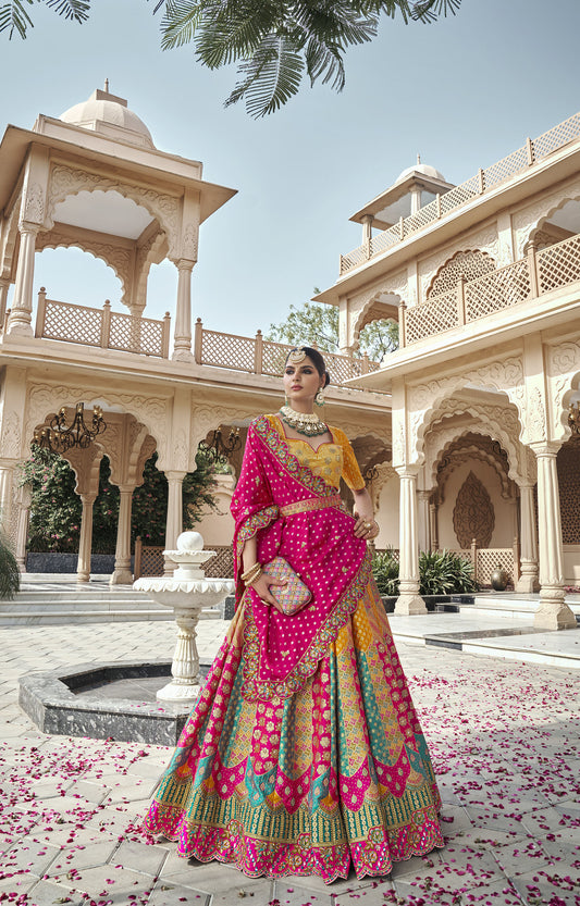 Yellow & Pink Silk Zarkan & Cutwork Embroidery Banarasi Bridal Lehenga