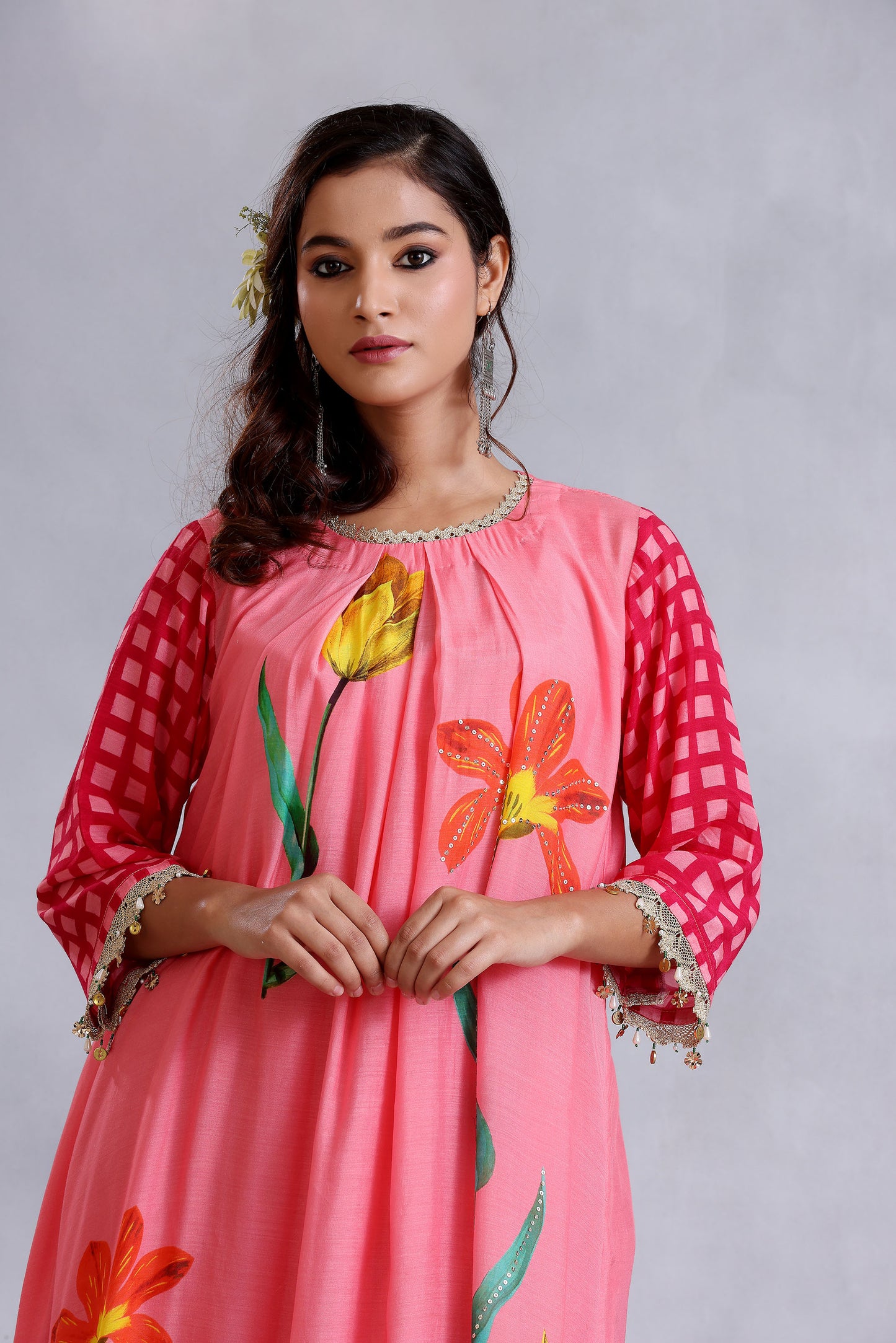 Peach Pleated Cotton Silk Sunehri kurta set