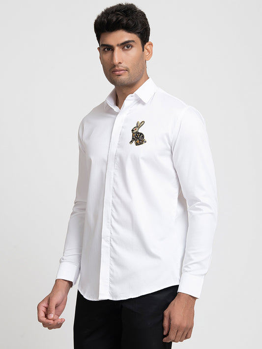 White Giza Cotton Rabbit embroidery shirt