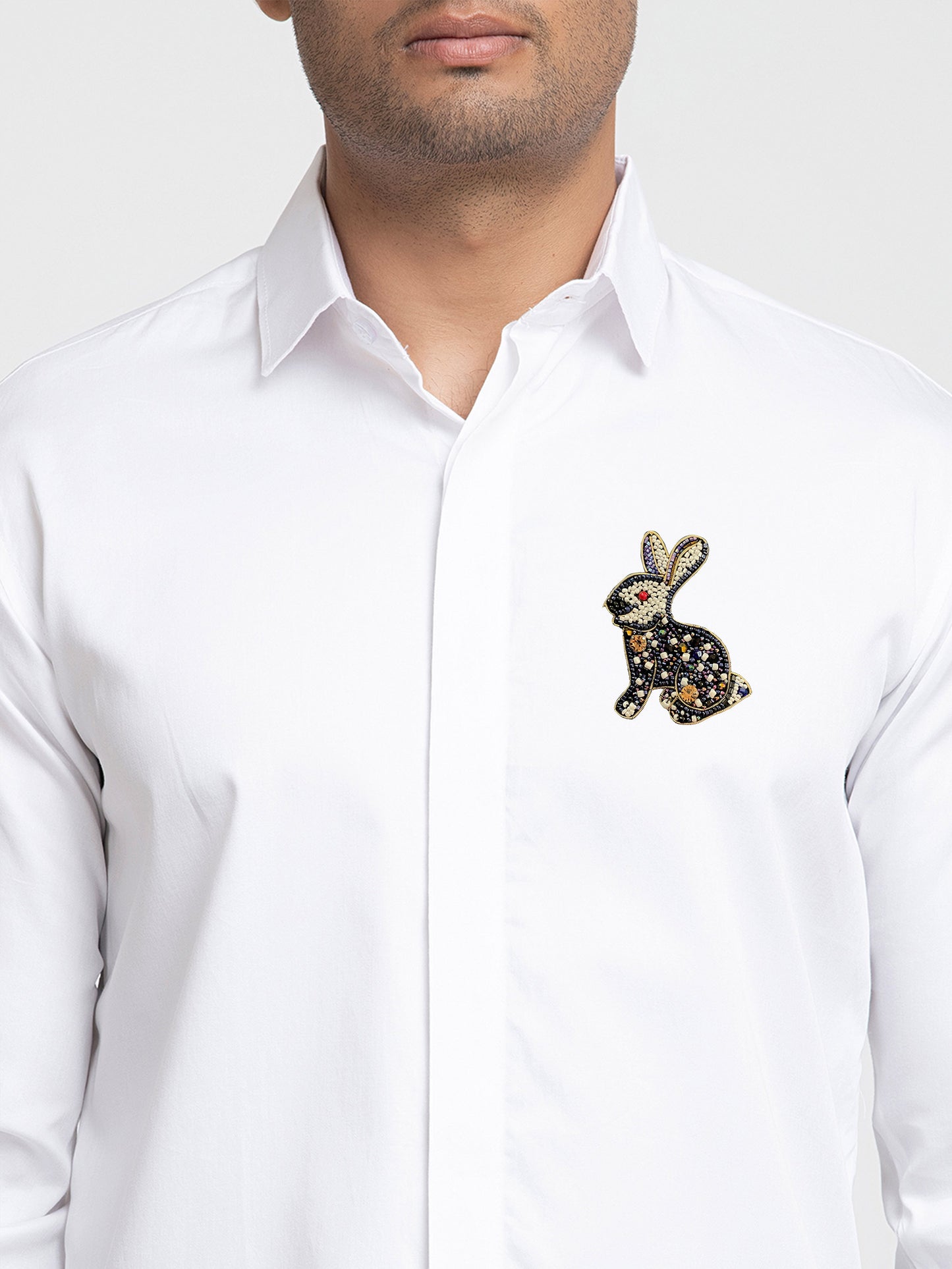 White Giza Cotton Rabbit embroidery shirt