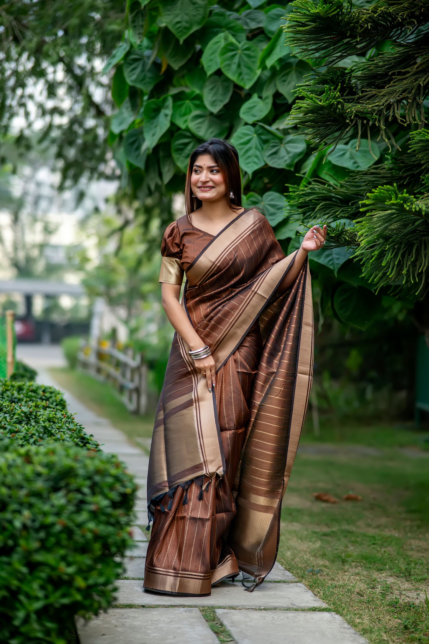 Coffee Raw Silk Lining Zari woven Saree