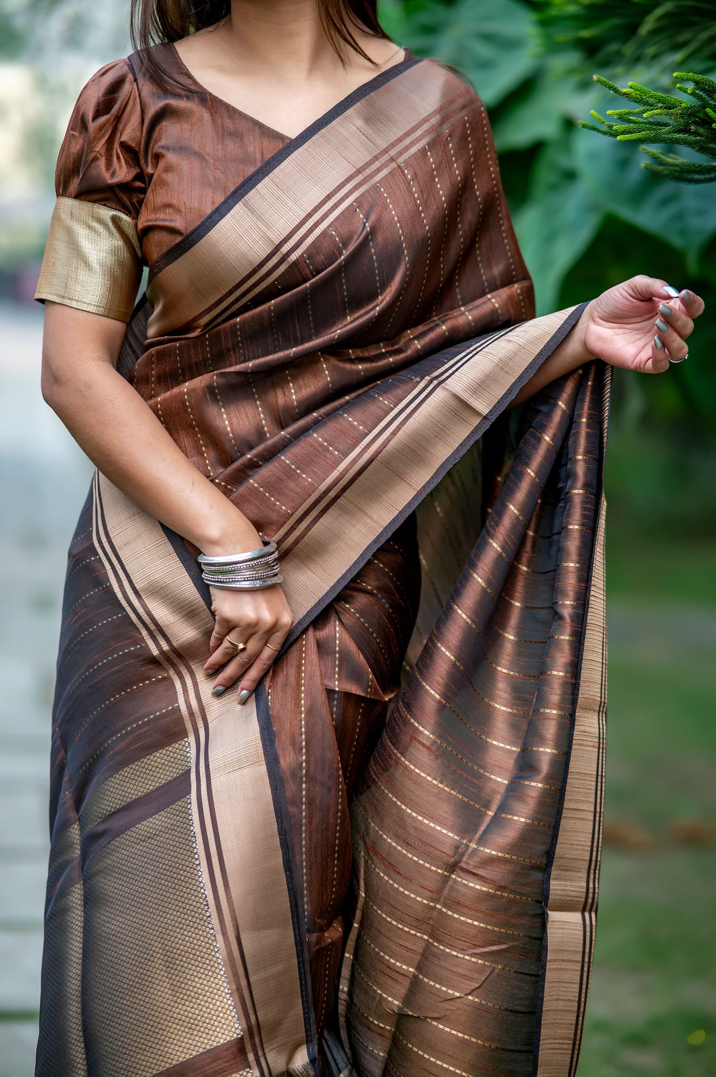 Coffee Raw Silk Lining Zari woven Saree