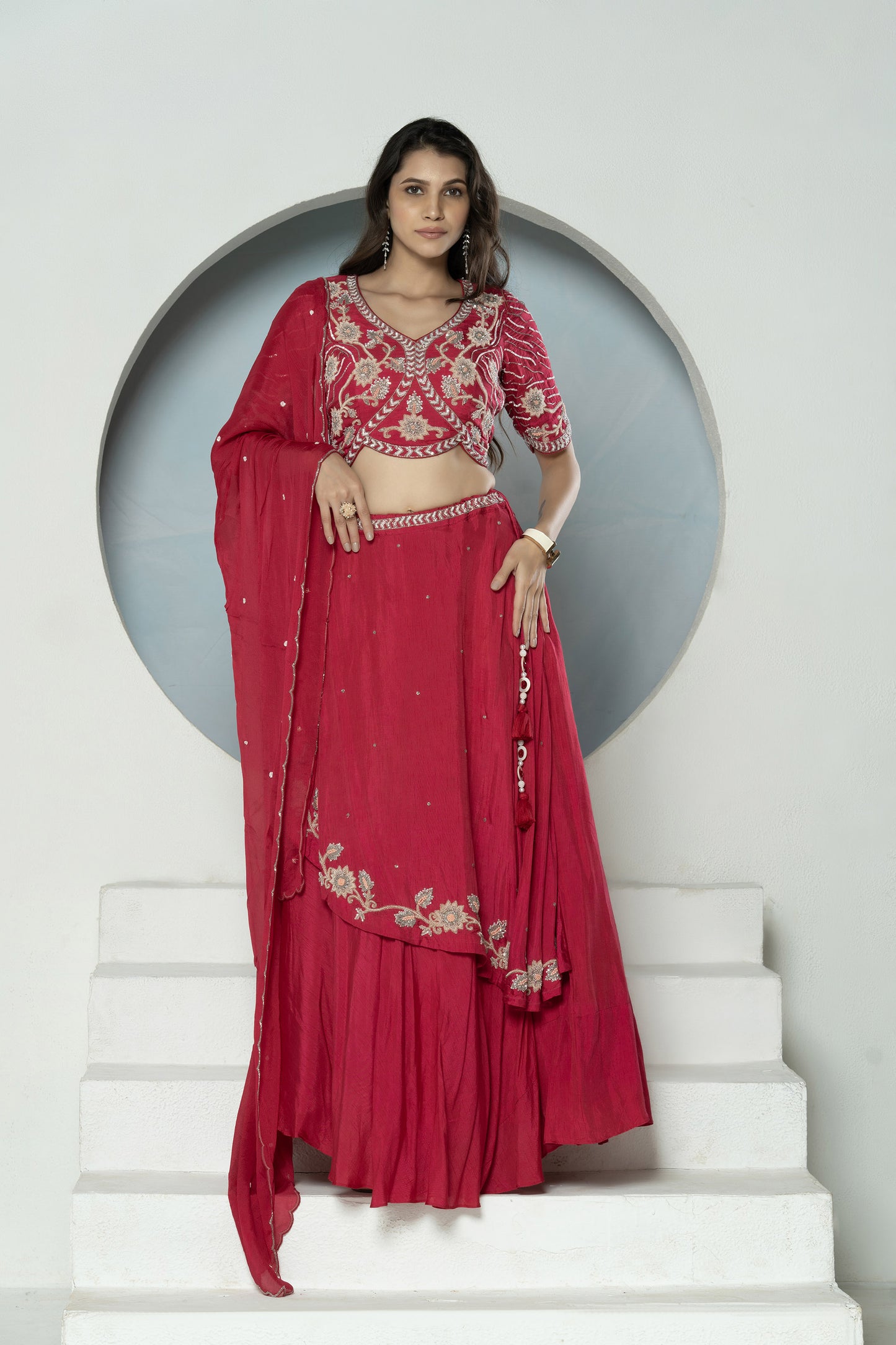 Rani Pink Layered Dola Silk Bridesmaid Lehenga Set