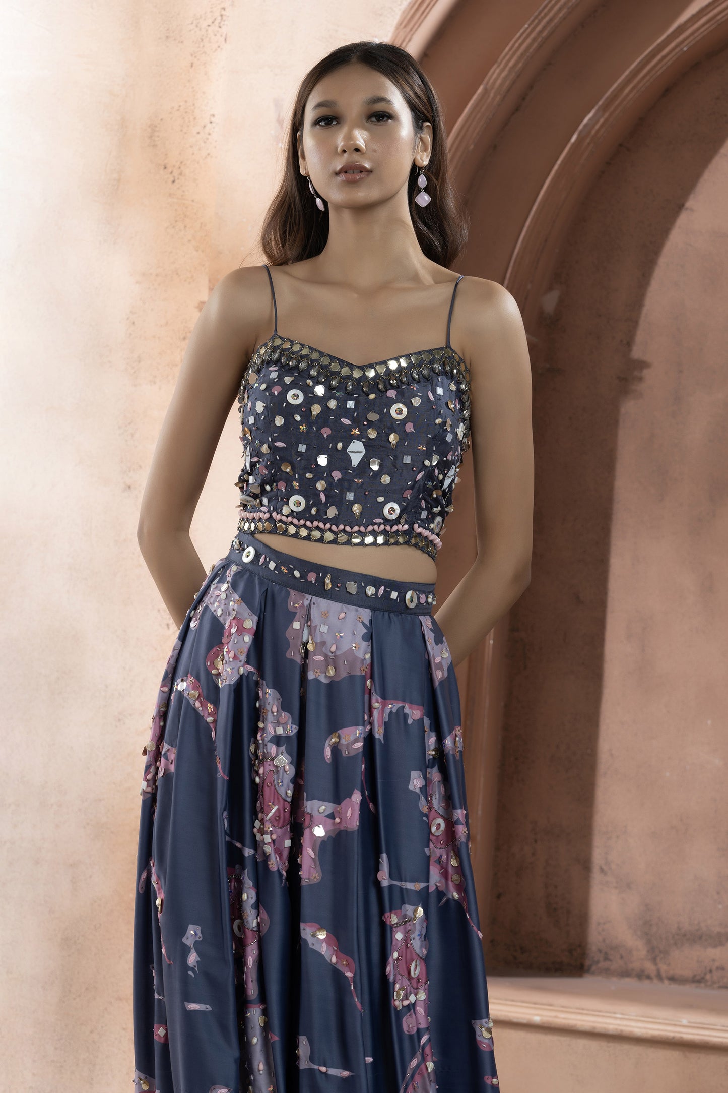 Blue Crepe Printed Embellished Jumpsuit