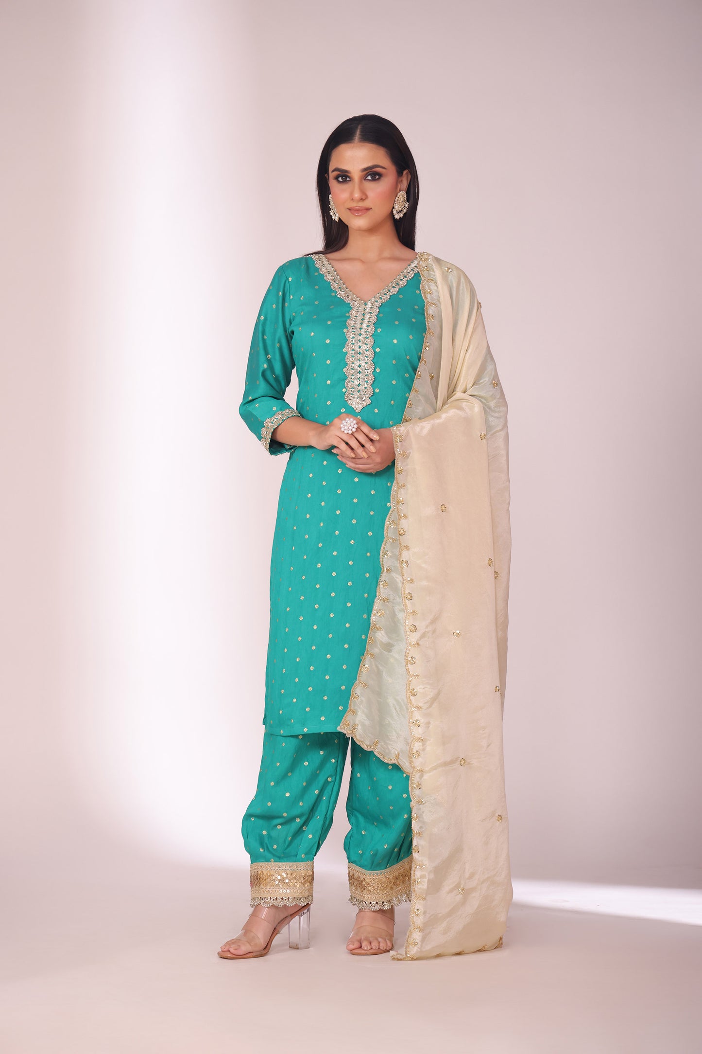 Mastani Turquoise Embroidered  Chanderi Kurta And Afghani Pant With Dupatta