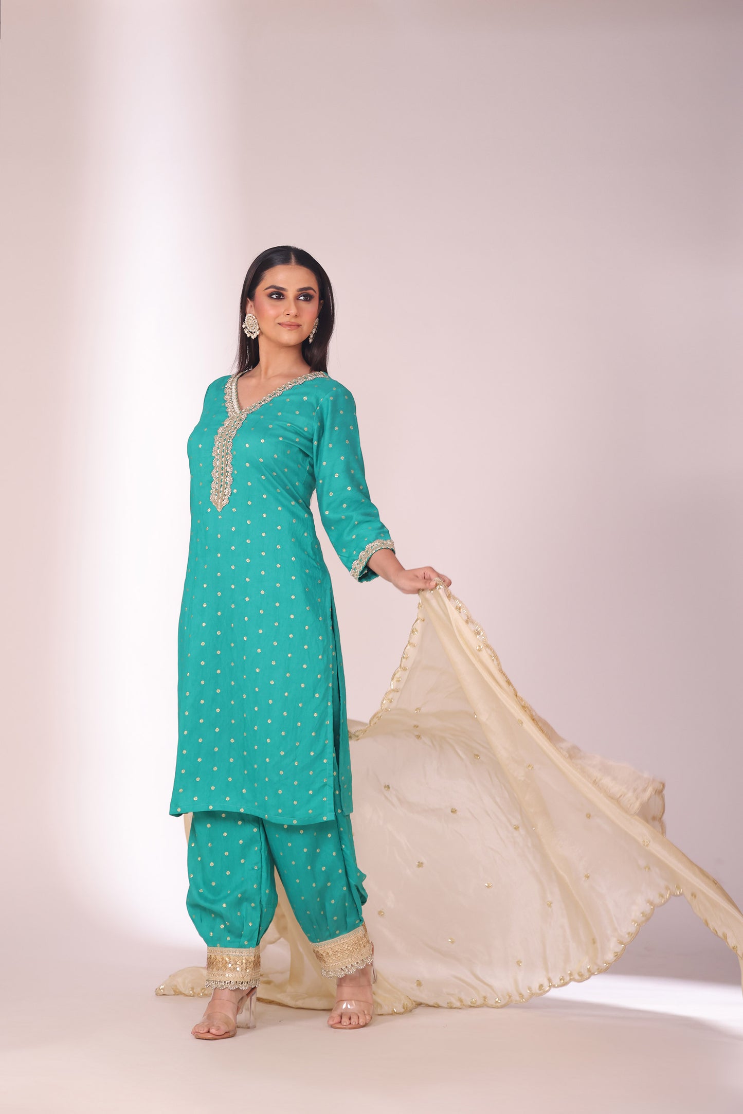 Mastani Turquoise Embroidered  Chanderi Kurta And Afghani Pant With Dupatta