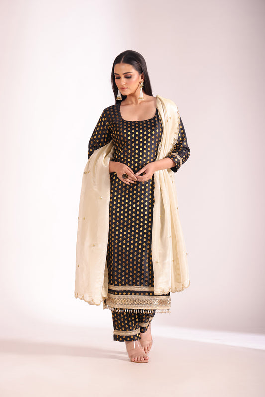 Noorika Black Embroidered Silk Kurta  And Dupatta