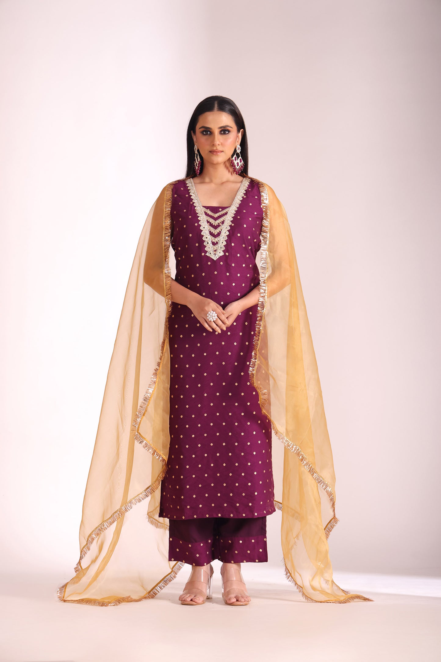 Mastani Wine Zari Embroidered Chanderi Kurta And Pant With Dupatta