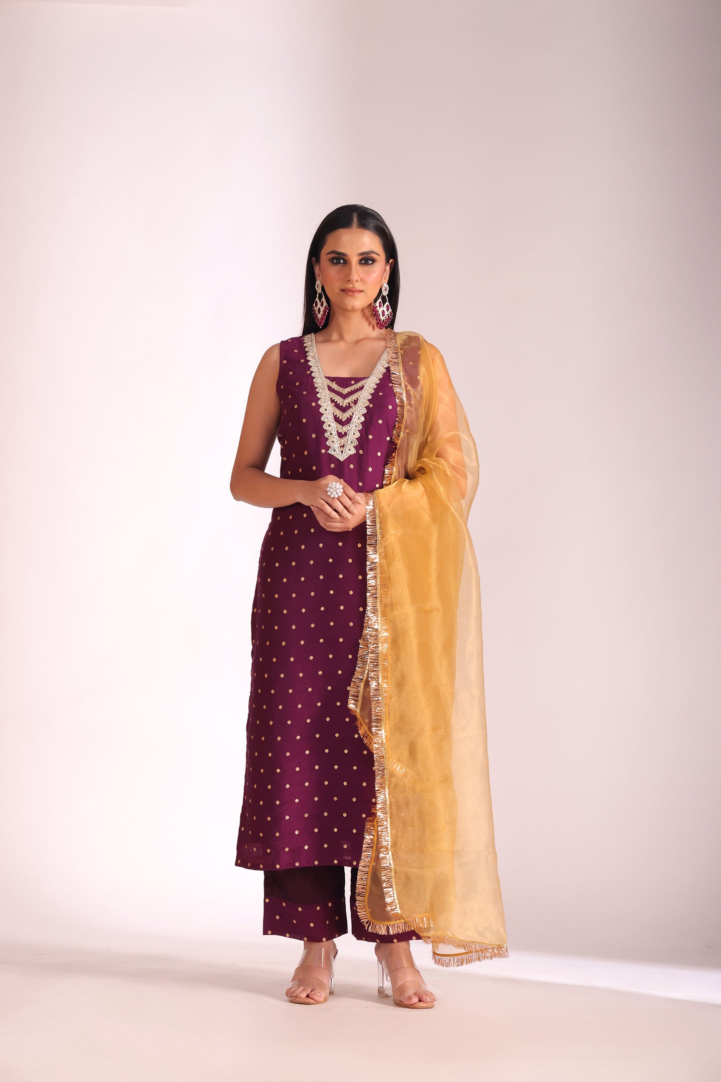 Mastani Wine Zari Embroidered Chanderi Kurta And Pant With Dupatta