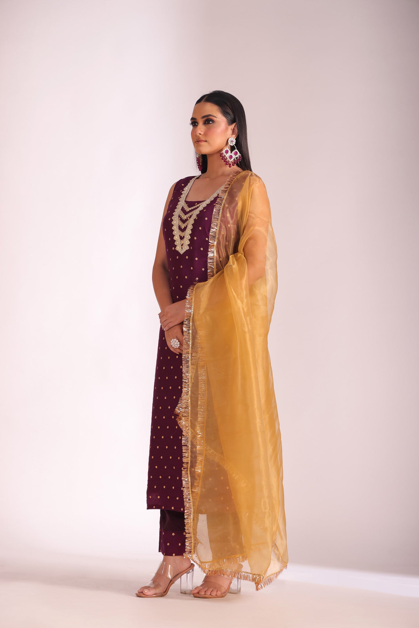 Mastani Wine Zari Embroidered Chanderi Kurta And Pant With Dupatta