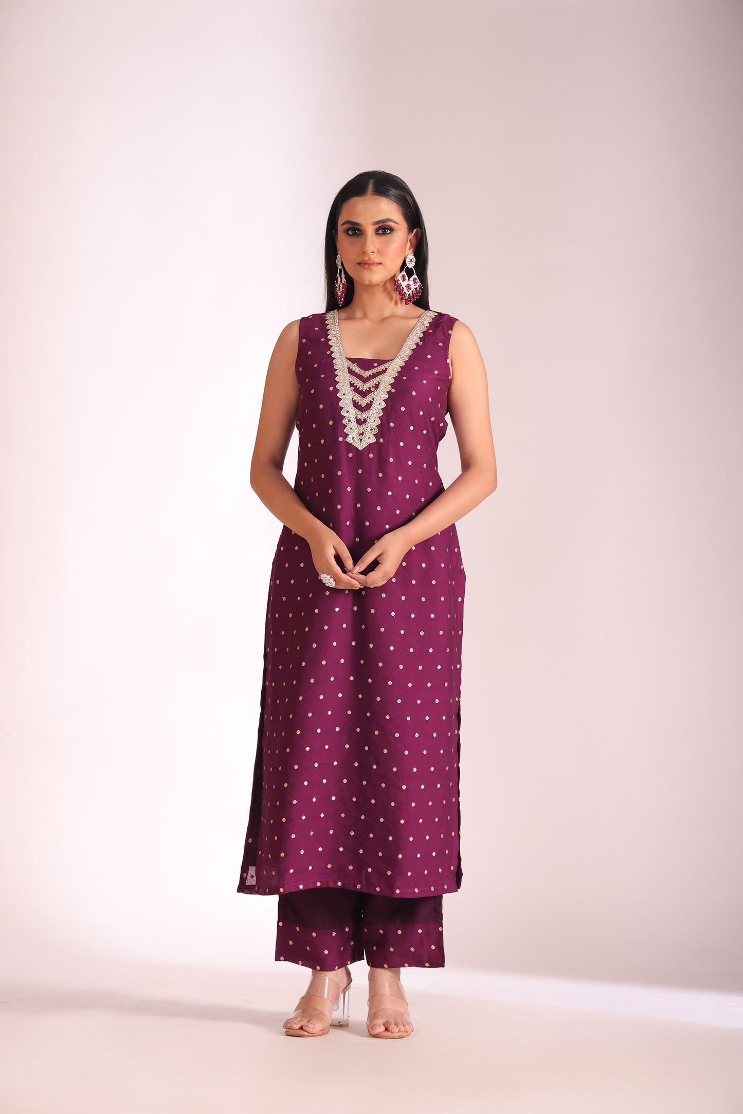 Mastani Wine Zari Embroidered Chanderi Kurta And Pant With Dupatta