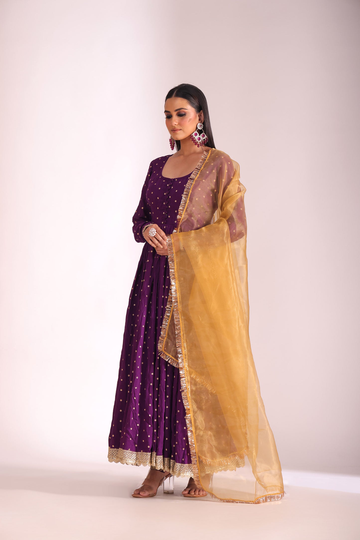 Mastani Wine Embroidered  Chanderi Anarkali And Pant With Dupatta
