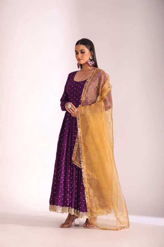 Mastani Wine Embroidered  Chanderi Anarkali And Pant With Dupatta