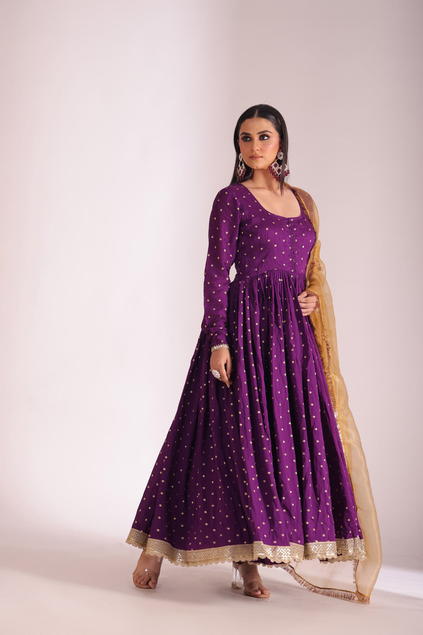 Mastani Wine Embroidered  Chanderi Anarkali And Pant With Dupatta