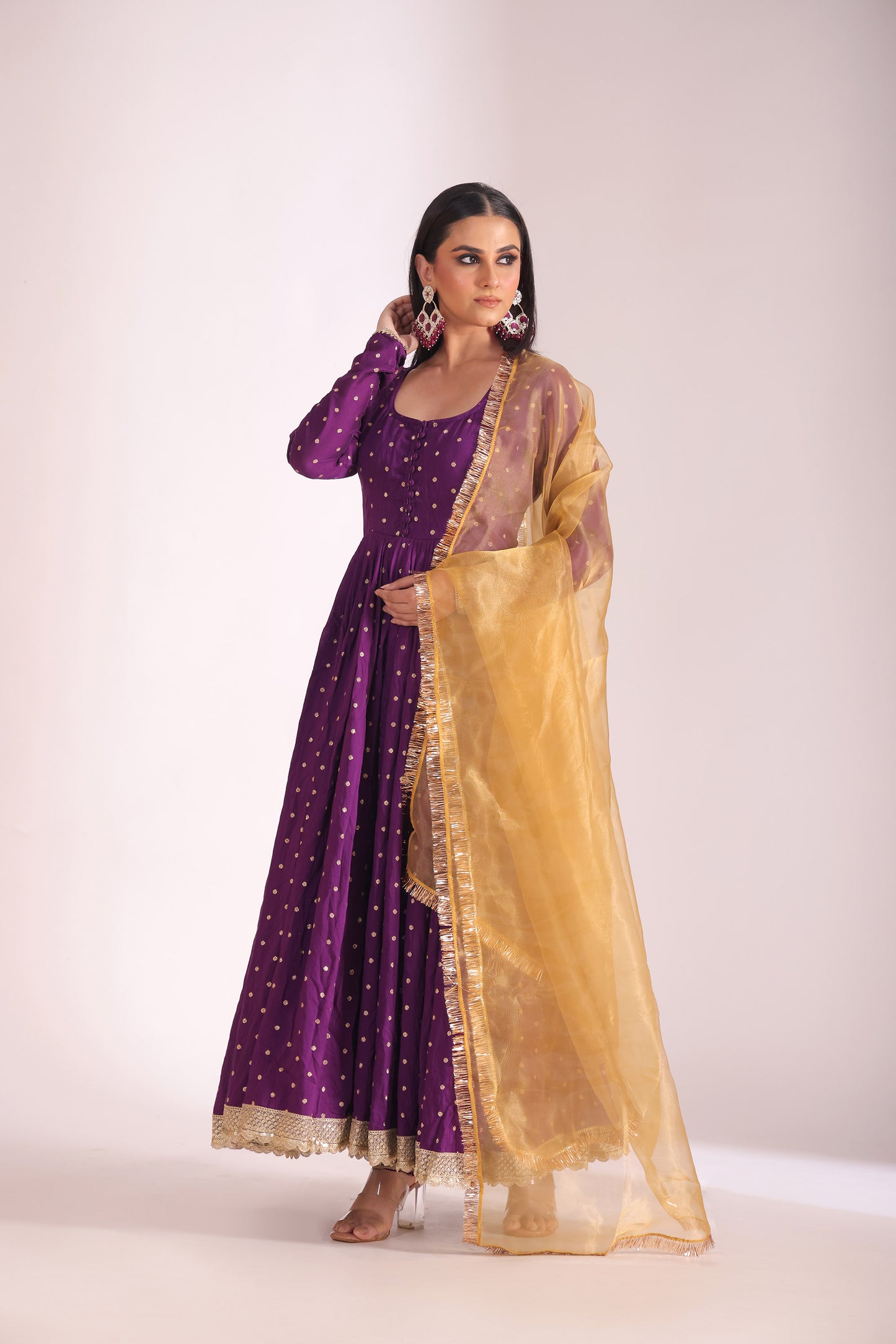Mastani Wine Embroidered  Chanderi Anarkali And Pant With Dupatta