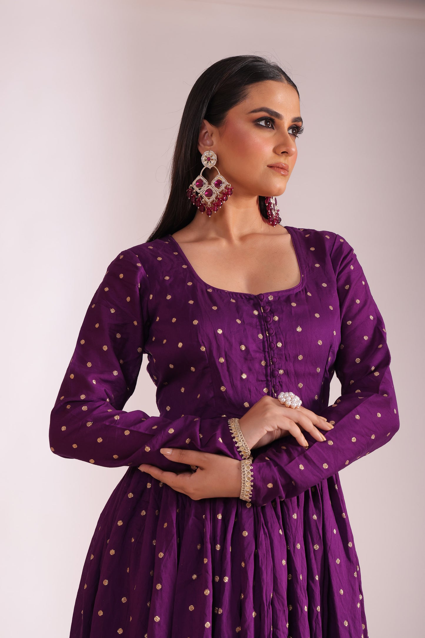 Mastani Wine Embroidered  Chanderi Anarkali And Pant With Dupatta