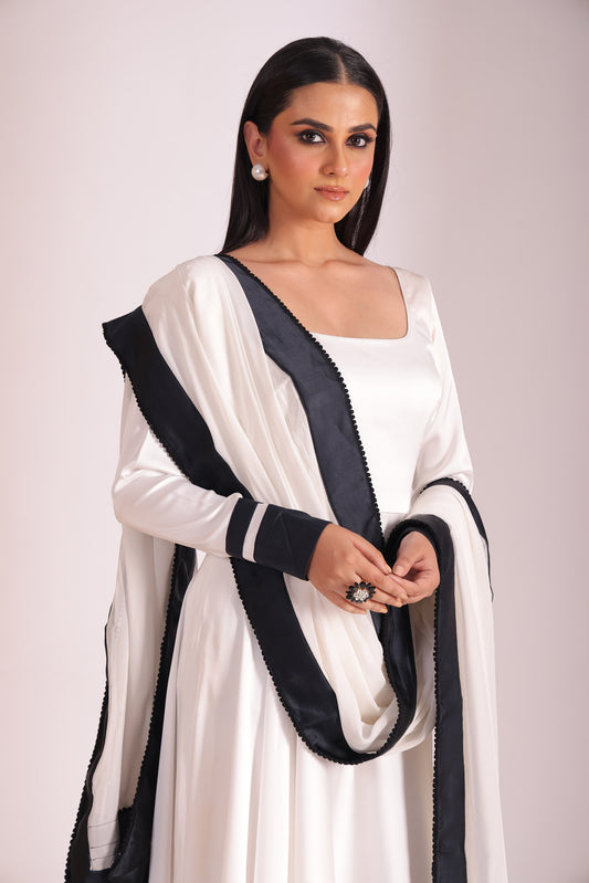 Jhalak White Embroidered Satin Anarkali With Chooridar And Dupatta