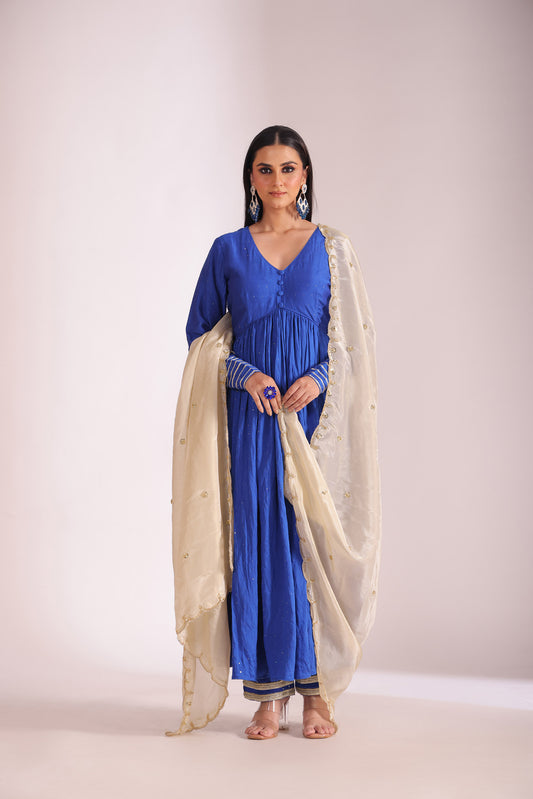 Mastani Blue Embroidered Chanderi Anarkali And Pant With Dupatta