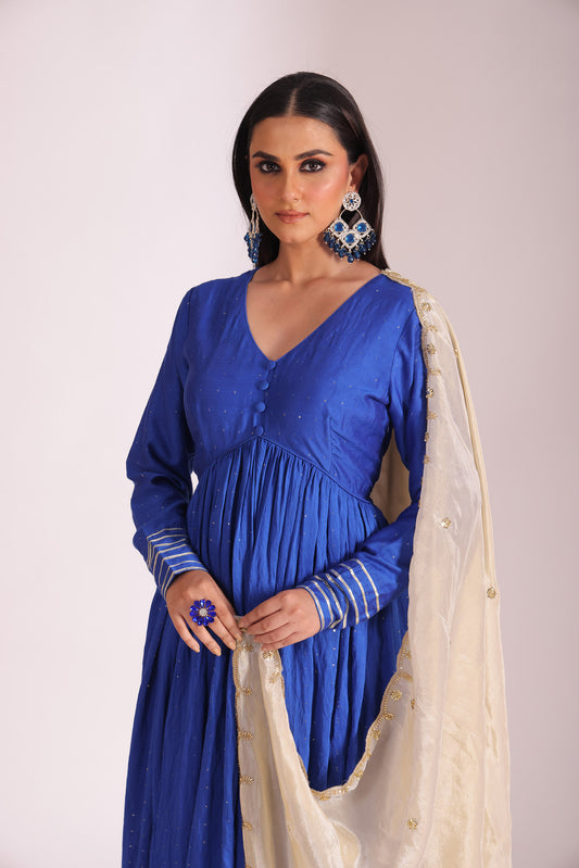 Mastani Blue Embroidered Chanderi Anarkali And Pant With Dupatta