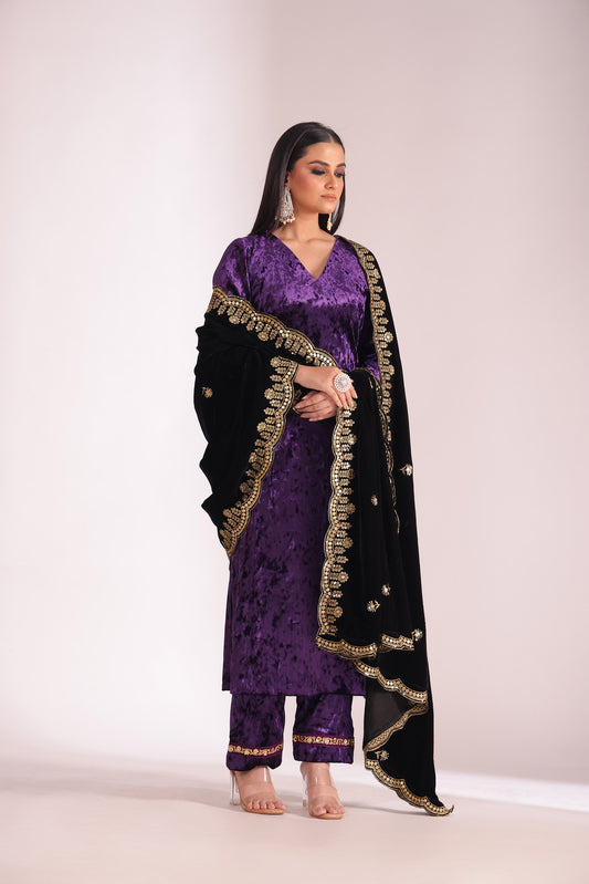 Noor-e-zar Purple Velvet Embroidered Kurta with Palazzo And Shawl