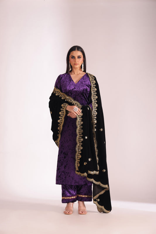 Noor-e-zar Purple Velvet Embroidered Kurta with Palazzo And Shawl