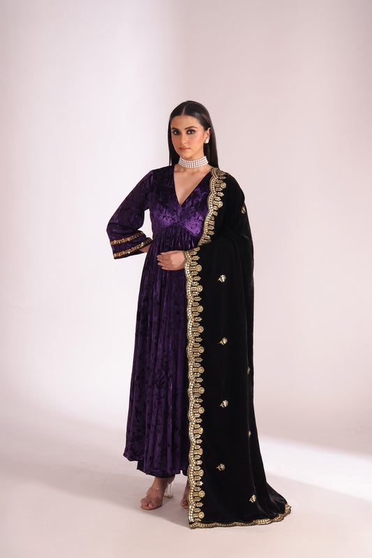 Noor-e-zar Purple Velvet Embroidered Anarkali With Palazzo And Shawl