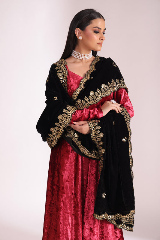Noor-e-zar Red Velvet Embroidered Anarkali With Palazzo & Shawl