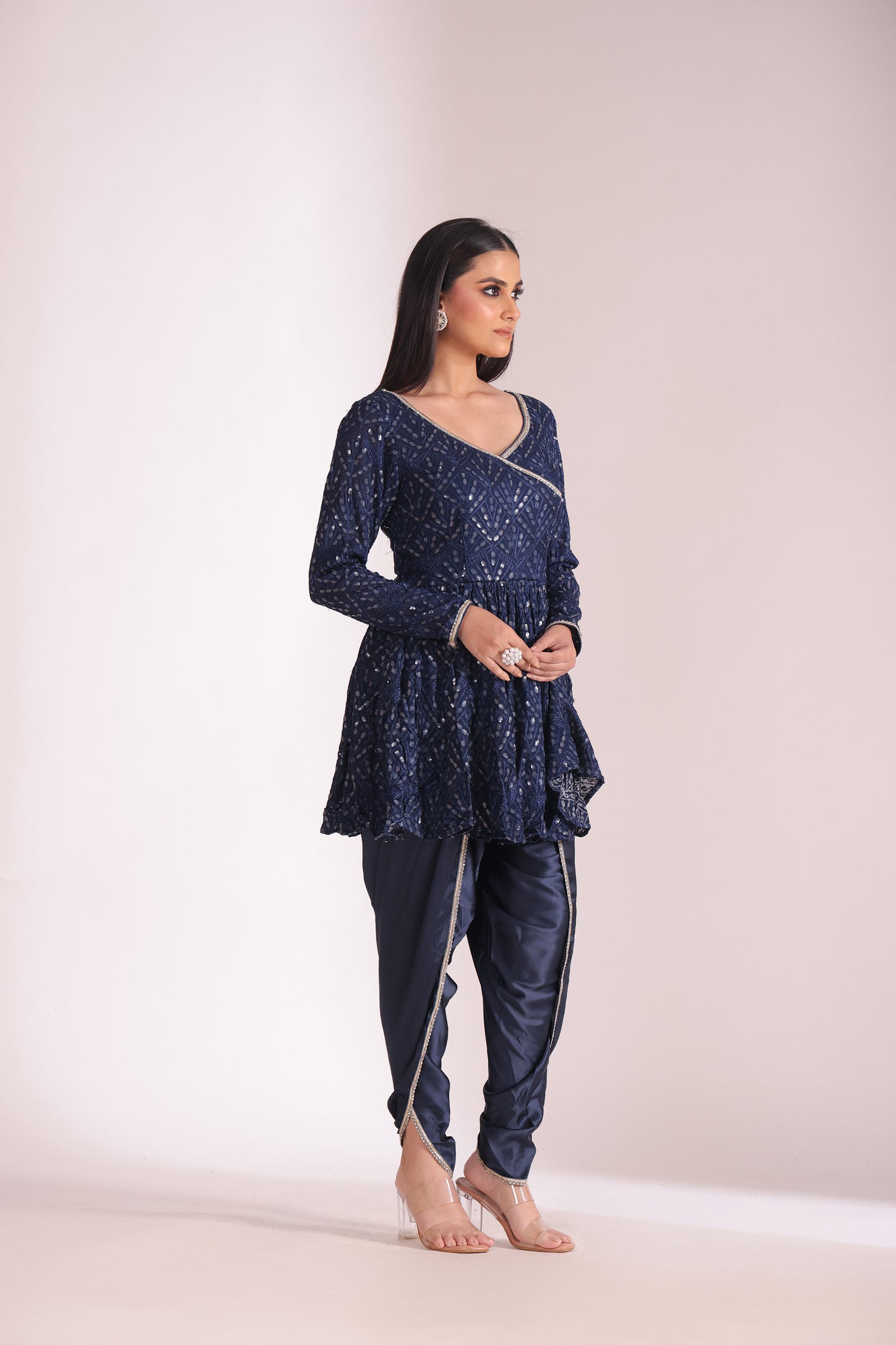 Mastani Navy Blue Embroidered Georgette Peplum Angrakha And Dhoti With Dupatta