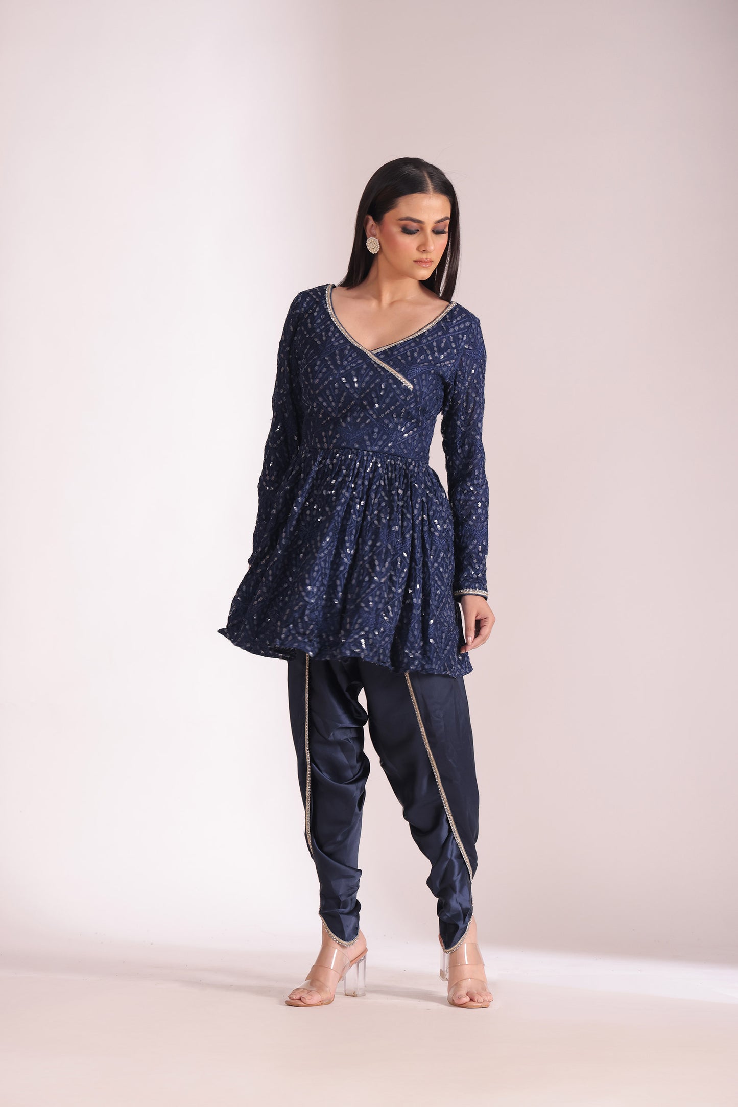 Mastani Navy Blue Embroidered Georgette Peplum Angrakha And Dhoti With Dupatta