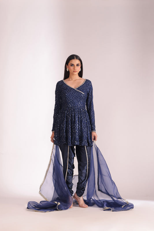 Mastani Navy Blue Embroidered Georgette Peplum Angrakha And Dhoti With Dupatta