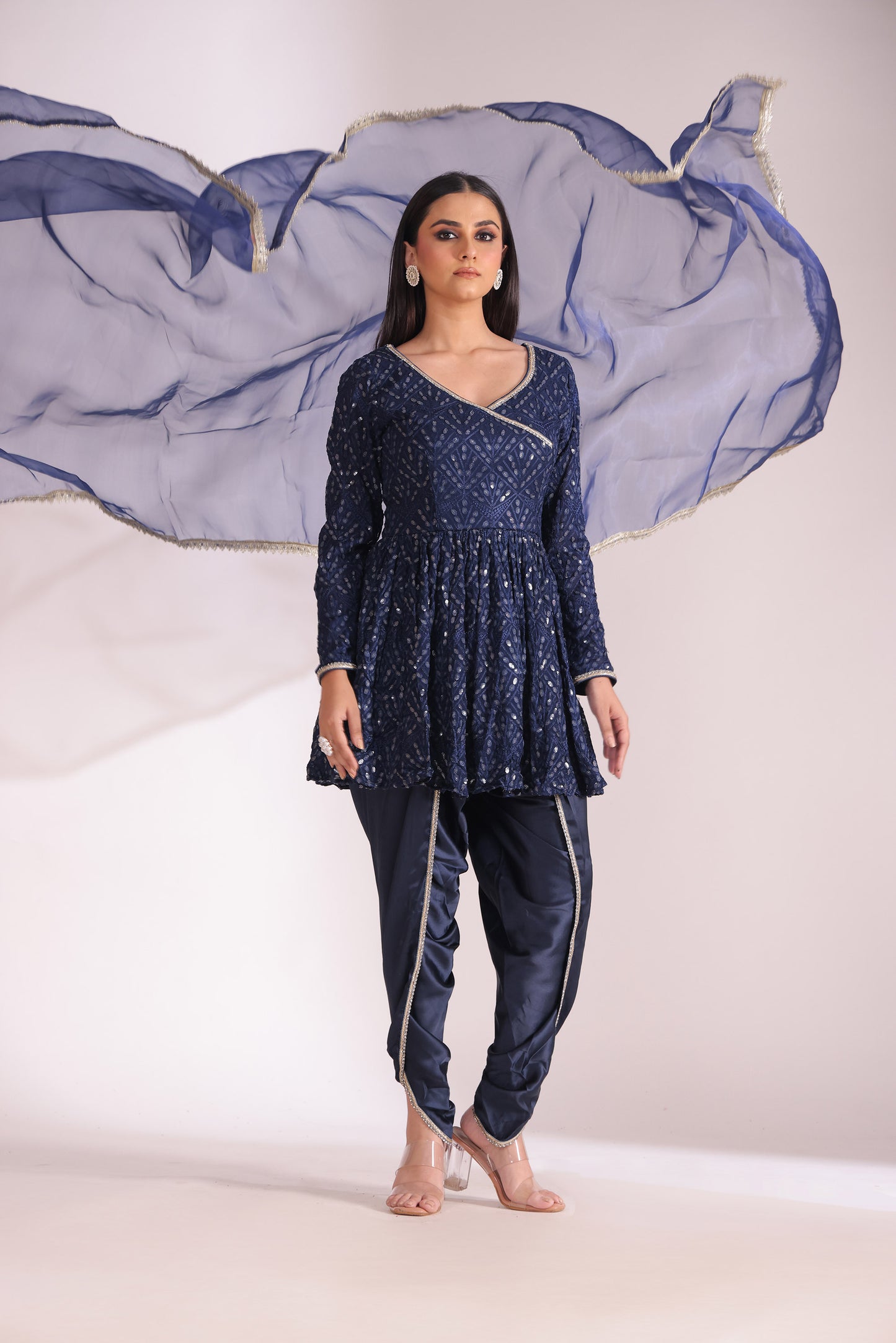 Mastani Navy Blue Embroidered Georgette Peplum Angrakha And Dhoti With Dupatta