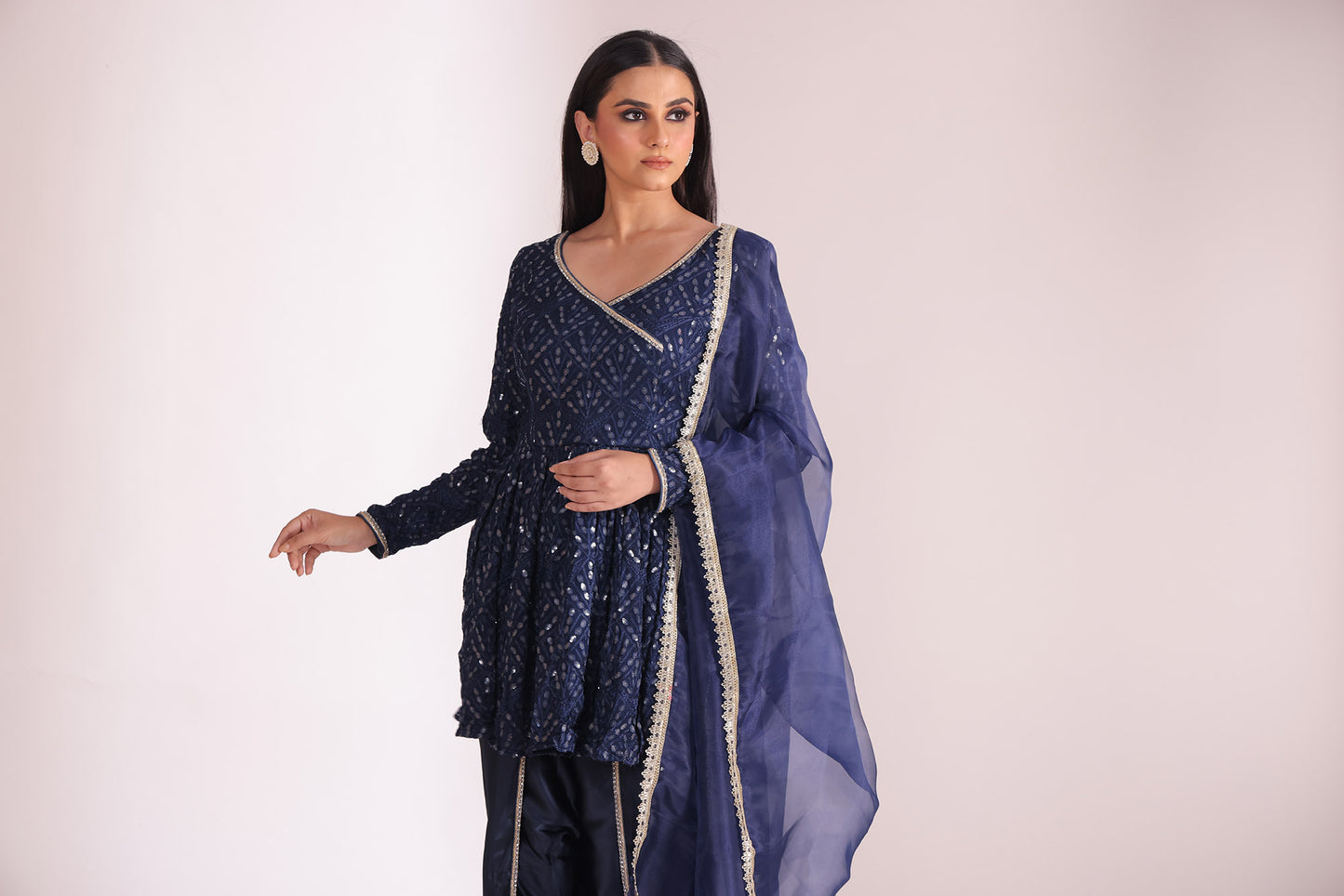 Mastani Navy Blue Embroidered Georgette Peplum Angrakha And Dhoti With Dupatta