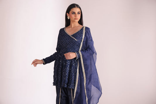 Mastani Navy Blue Embroidered Georgette Peplum Angrakha And Dhoti With Dupatta