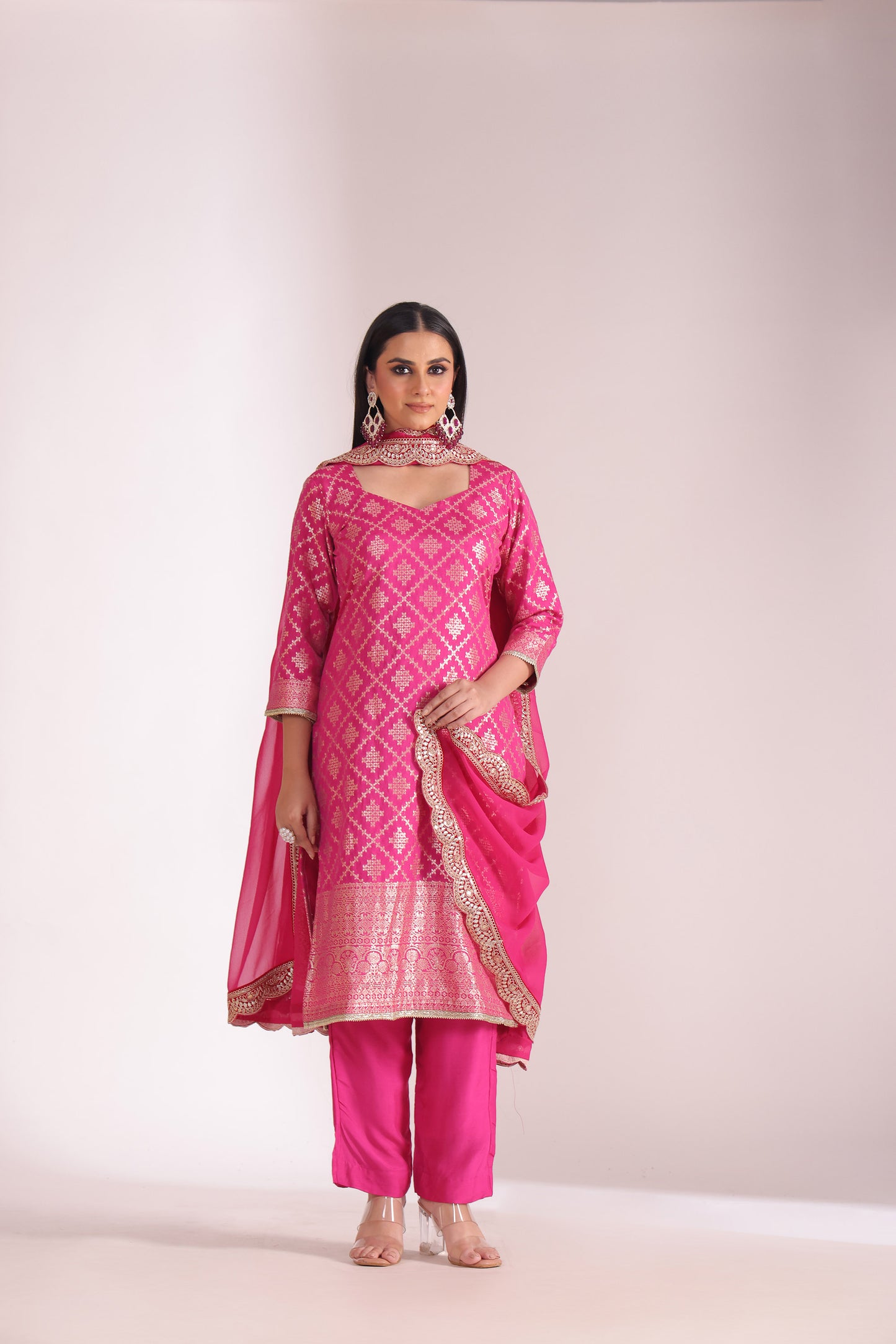 Noorika Fuschia Embroidered Chanderi Kurta With Pant And Dupatta