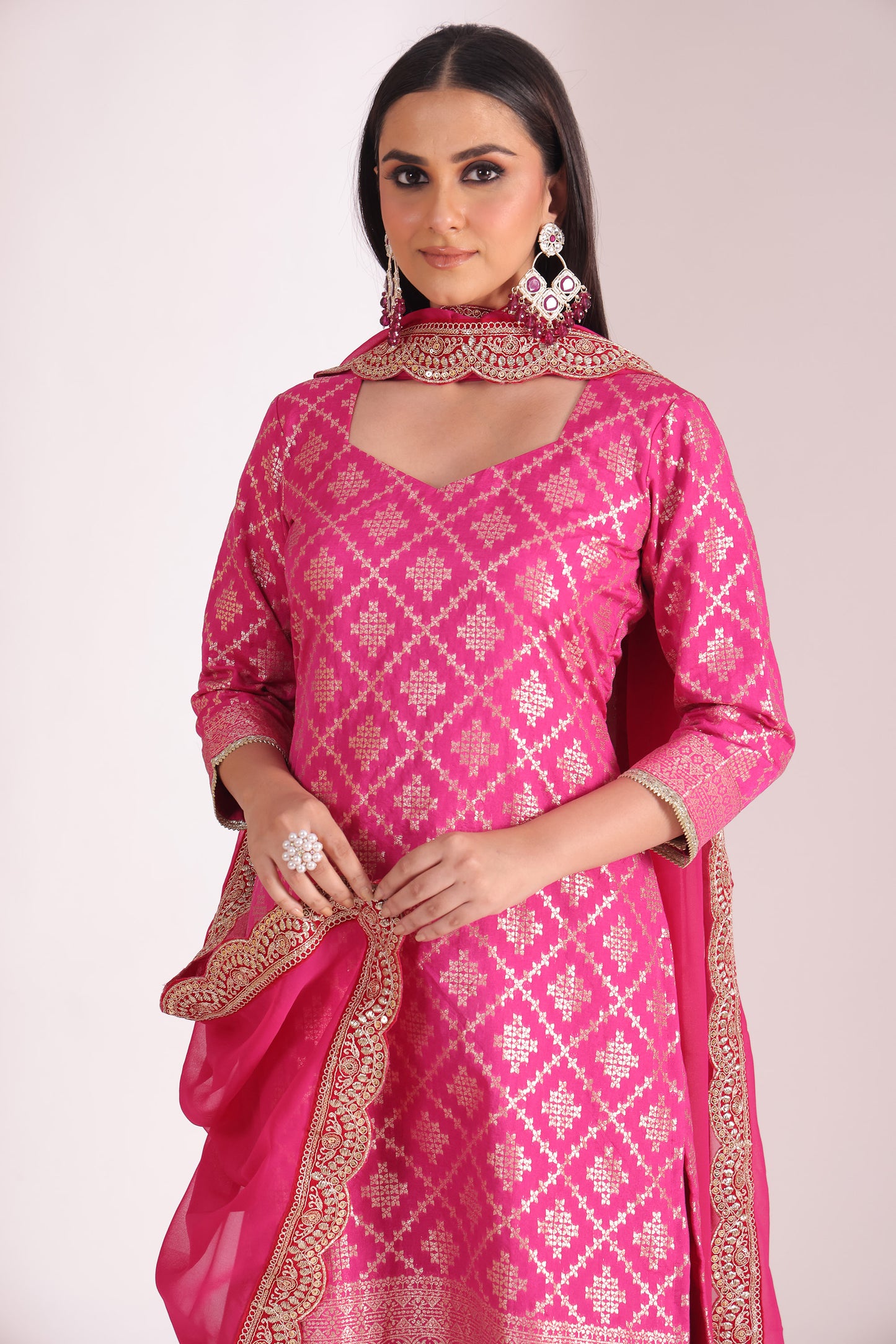 Noorika Fuschia Embroidered Chanderi Kurta With Pant And Dupatta