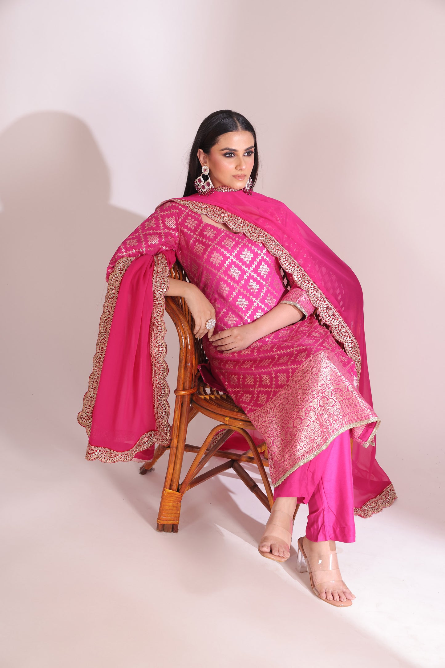 Noorika Fuschia Embroidered Chanderi Kurta With Pant And Dupatta
