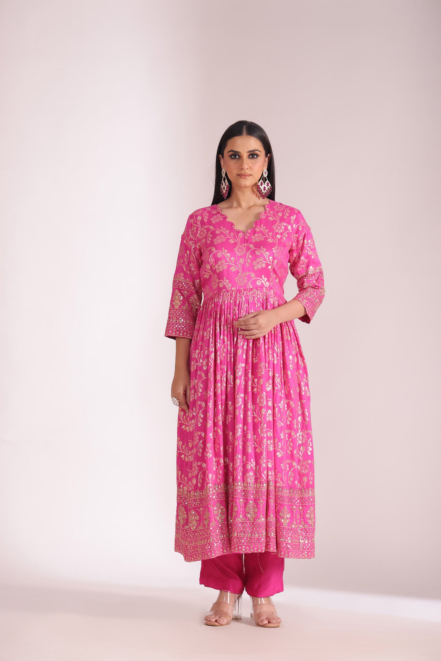 Noorika Fuschia Embroidered Chanderi Anarkali With Pant And Dupatta