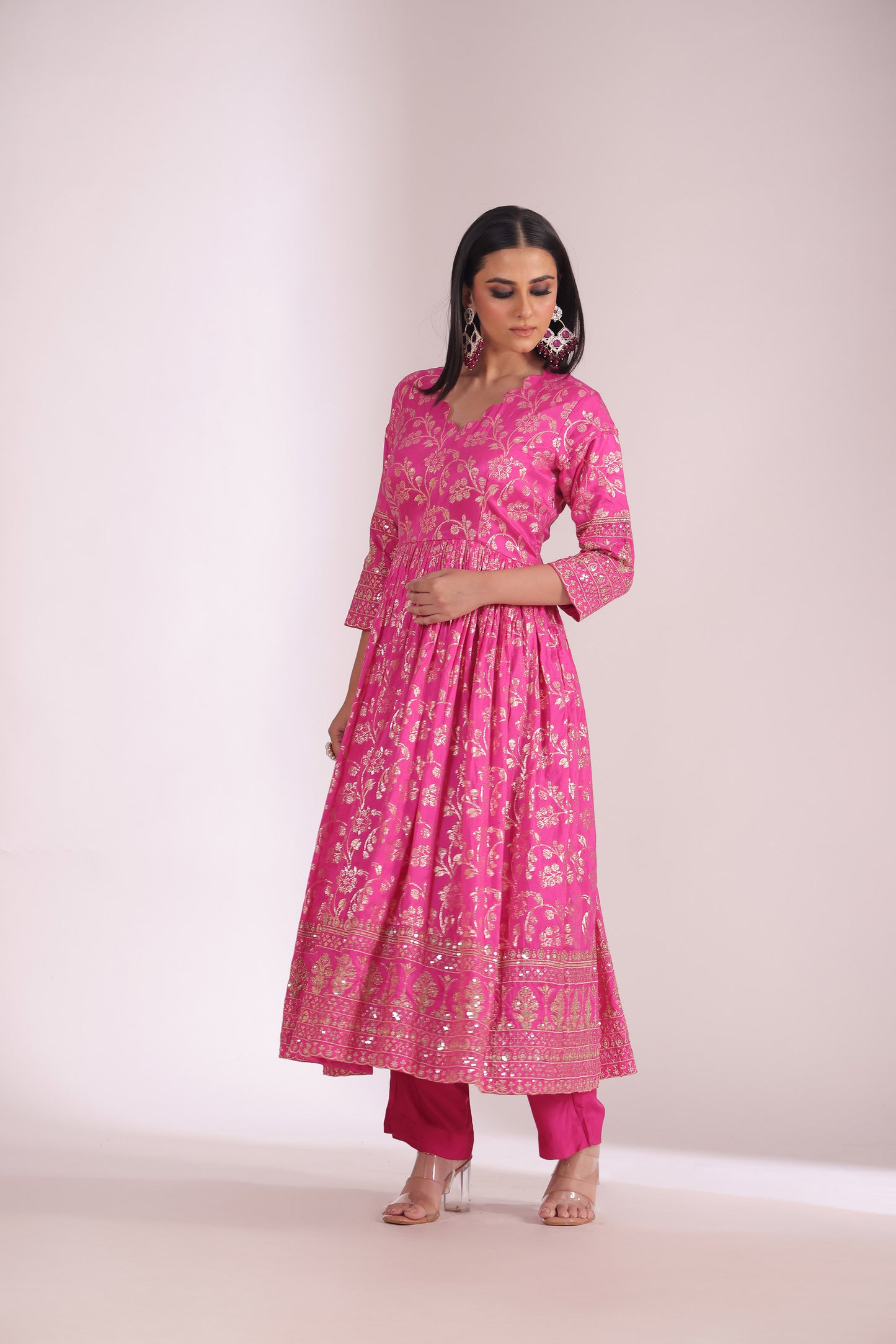 Noorika Fuschia Embroidered Chanderi Anarkali With Pant And Dupatta