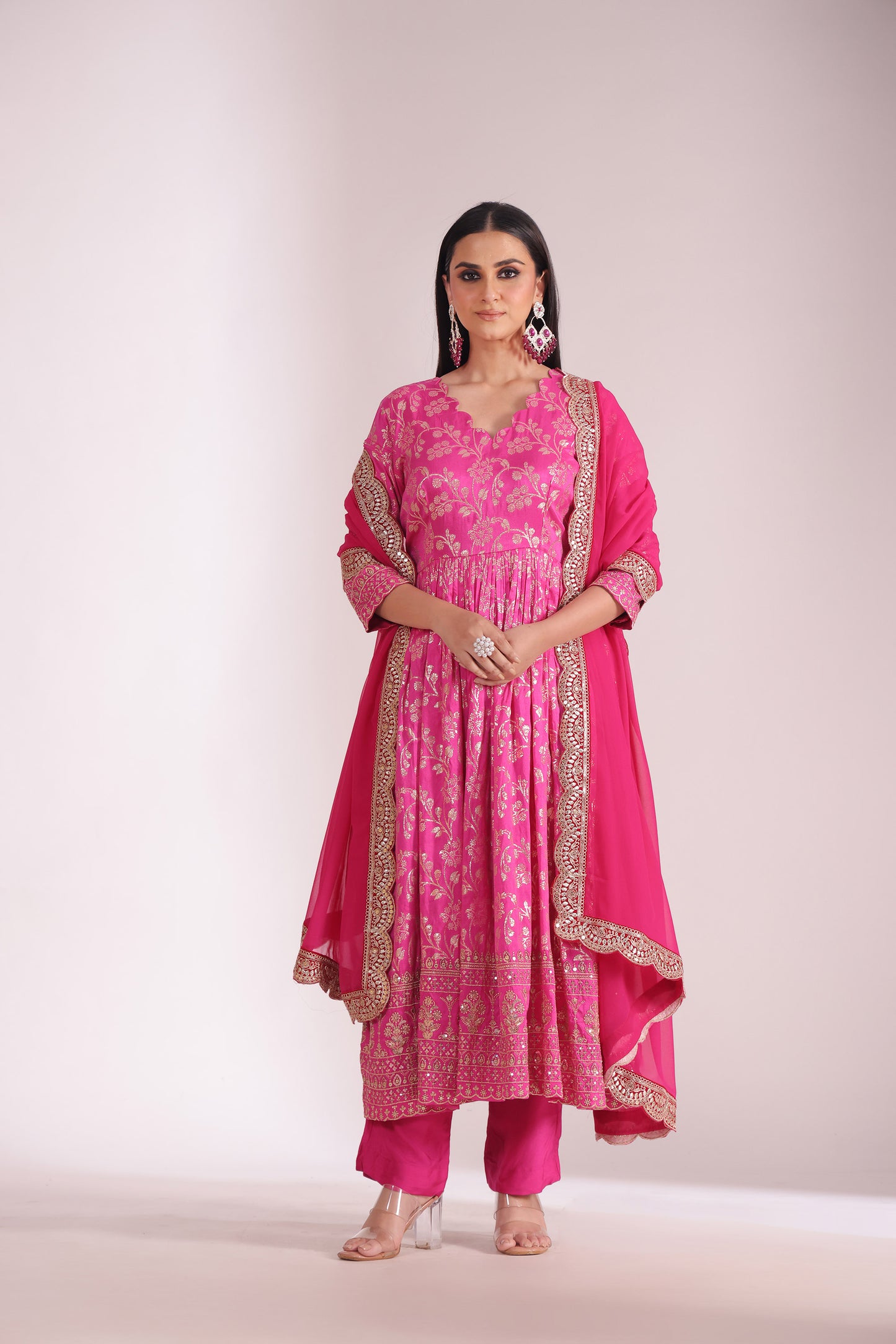 Noorika Fuschia Embroidered Chanderi Anarkali With Pant And Dupatta