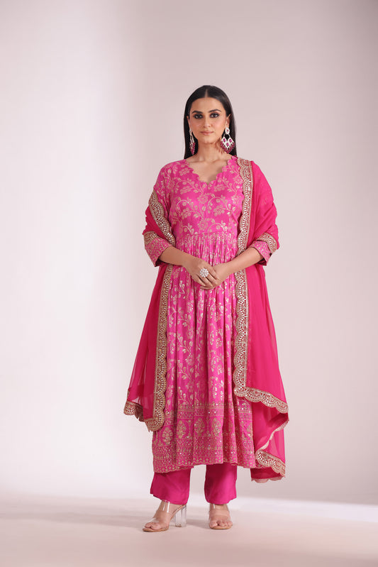 Noorika Fuschia Embroidered Chanderi Anarkali With Pant And Dupatta