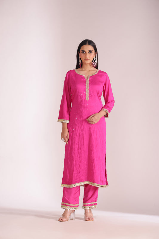 Mastani Fuschia Sequins Embroidered  Chanderi Kurta And Pant With Dupatta