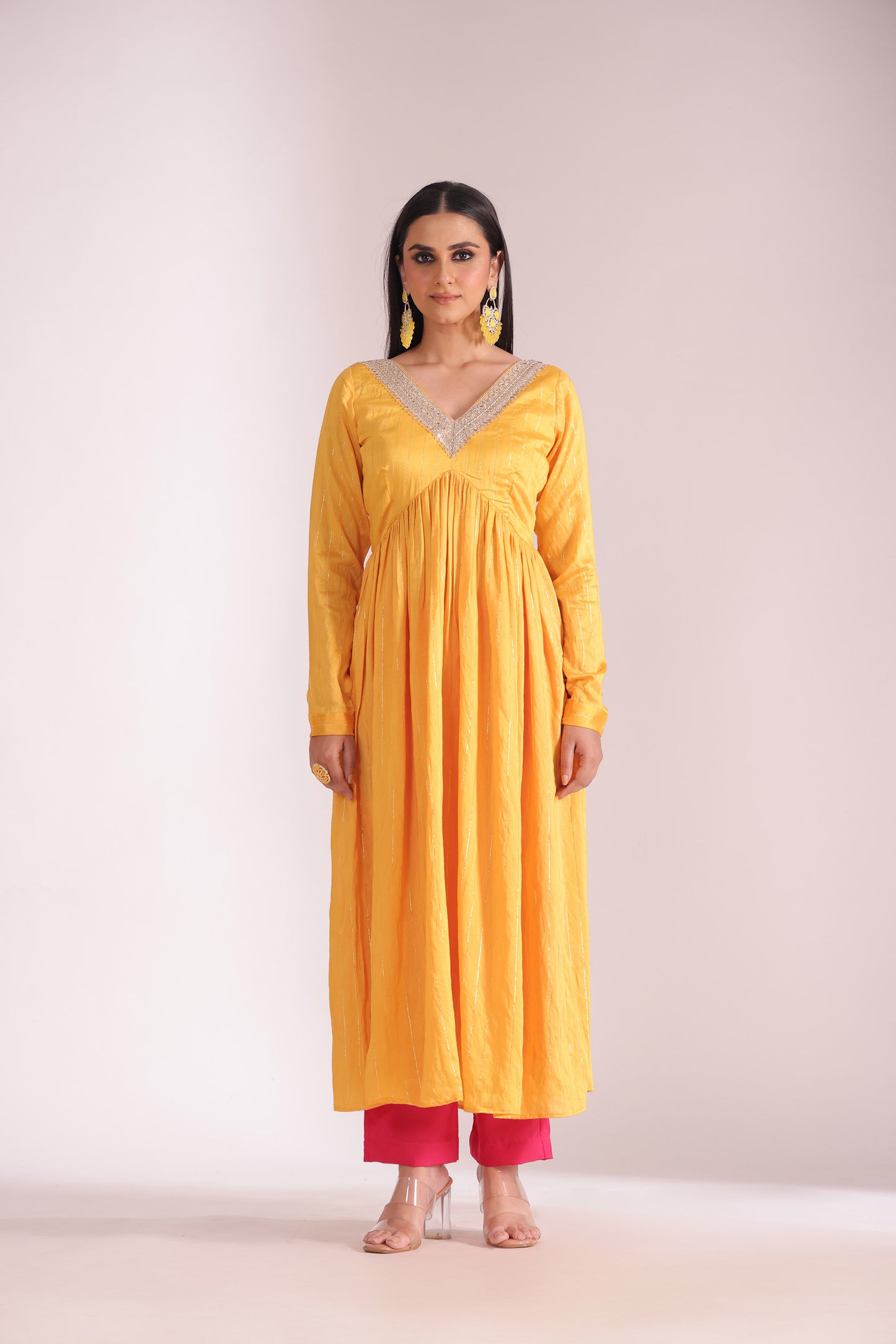 Mastani Yellow & Pink Embroidered  Chanderi Anarkali And Pant With Dupatta