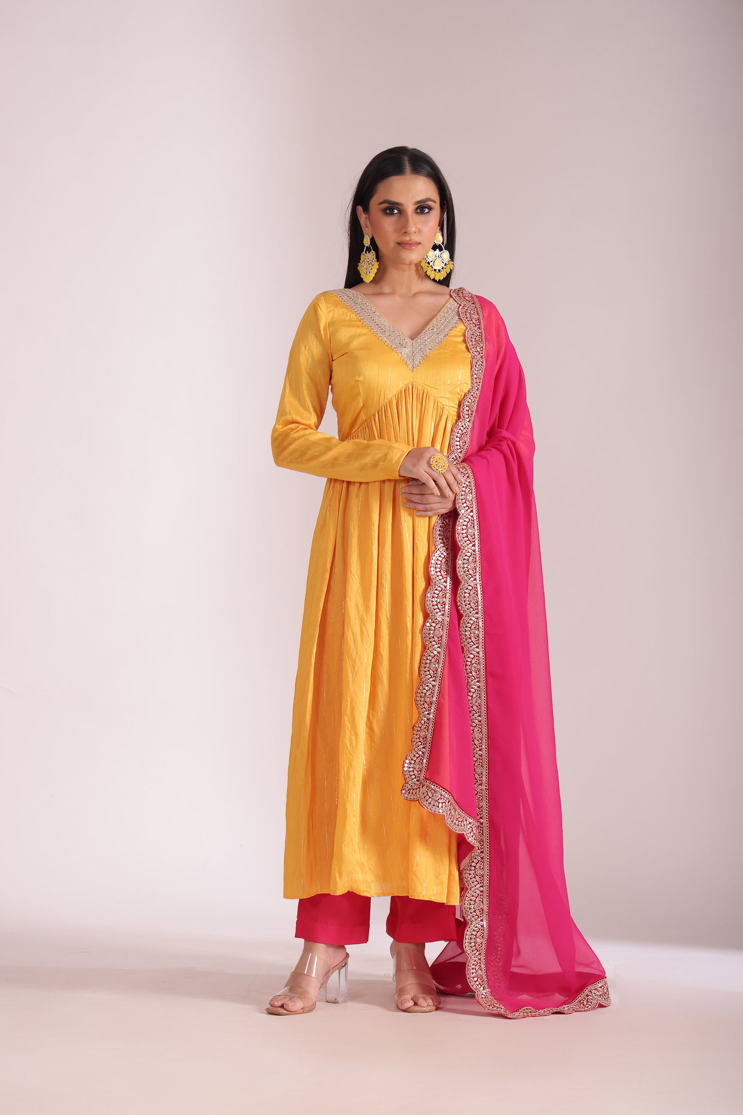 Mastani Yellow & Pink Embroidered  Chanderi Anarkali And Pant With Dupatta