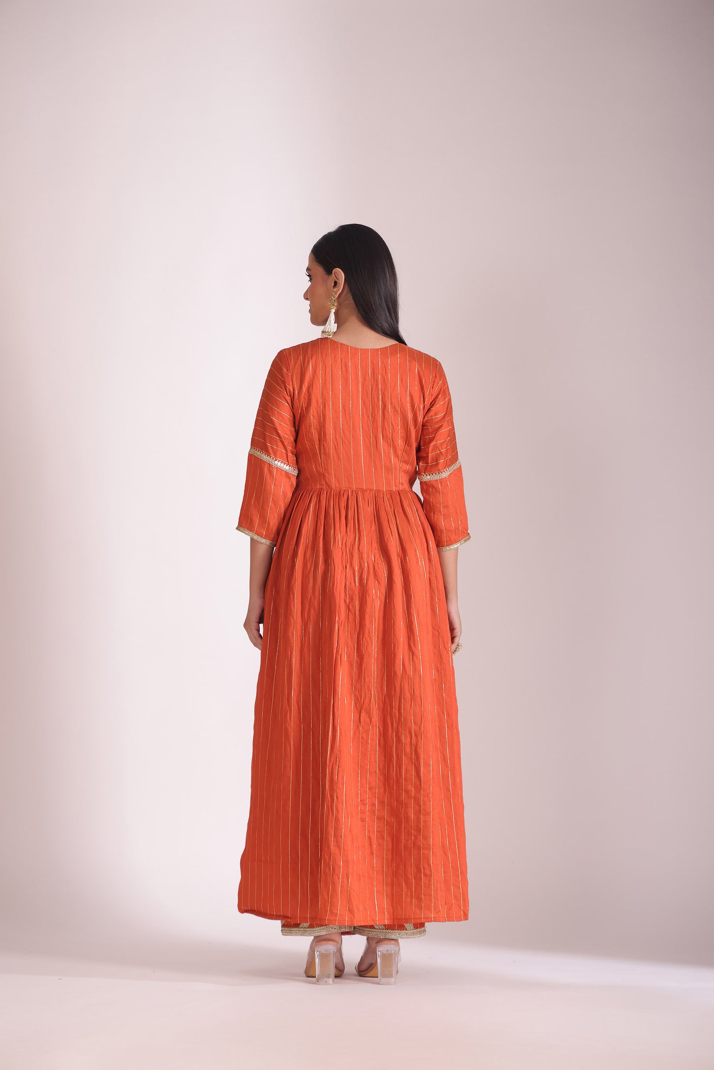 Mastani Rust Orange Embroidered  Chanderi Anarkali And Pant With Dupatta
