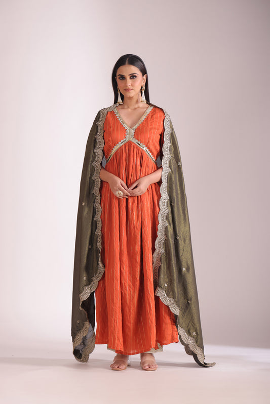 Mastani Rust Orange Embroidered  Chanderi Anarkali And Pant With Dupatta