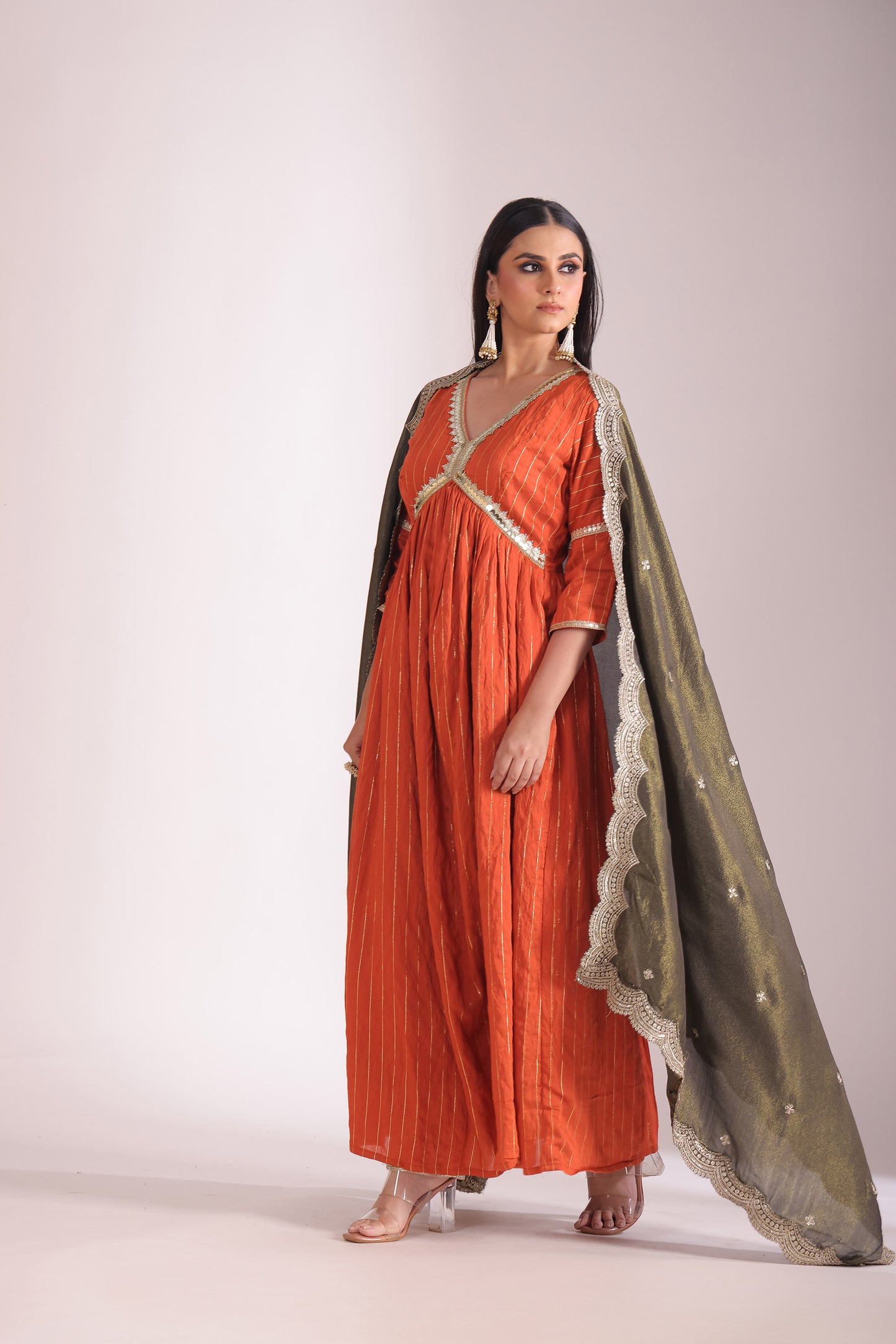 Mastani Rust Orange Embroidered  Chanderi Anarkali And Pant With Dupatta
