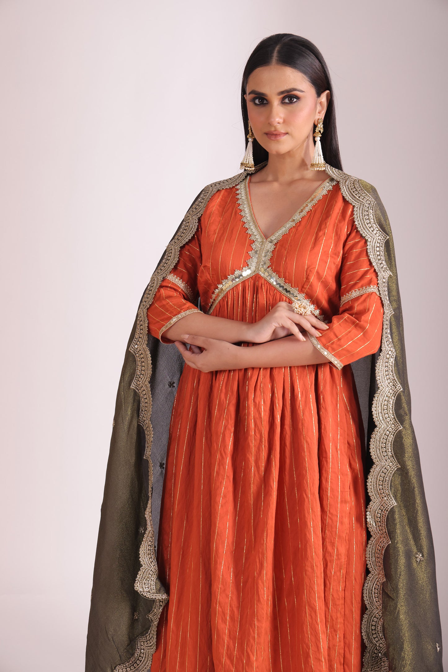 Mastani Rust Orange Embroidered  Chanderi Anarkali And Pant With Dupatta