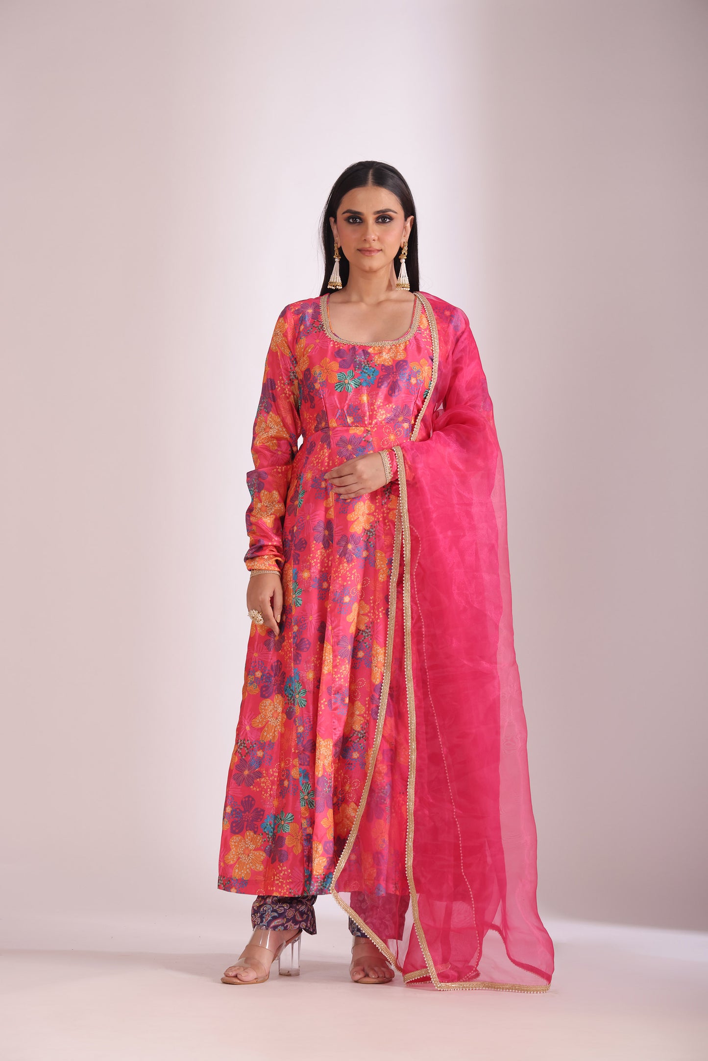 Gulzar Pink Floral Printed Crepe Silk Anarkali And Dupatta